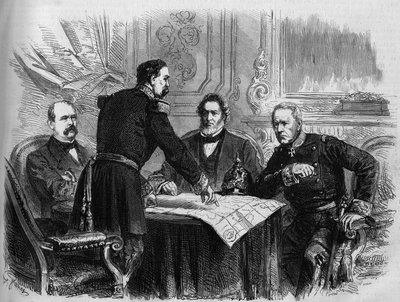 Oorlog van 1870 - Beleg van Parijs: ondertekening van de wapenstilstand tussen de Franse en Pruisische vertegenwoordigers na de overgave van Parijs, 28 januari 1871. Van links naar rechts: Otto von Bismarck (1815-1898), Horix de Valdan (1810-1883), Jules F door French School