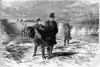 Oorlog van 1870: Interview tussen Adolphe Thiers (1797-1877) en Jules Favre (1809-1880) die besloten over de onderbreking van de onderhandelingen betreffende de wapenstilstand met Duitsland. Gravure in 