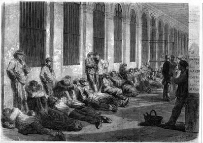 Oorlog van 1870: Parijzenaars in de rij voor het Ministerie van Financiën om in te schrijven op de nationale lening om de oorlog te financieren. Scène die de dag voor de opening van de loketten uitbeeldt door French School