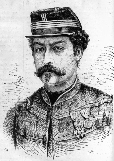 Oorlog van 1870: portret van Leon Franchetti (1834-1870), Franse soldaat, commandant van de Scouts van de Seine. Gravure in 
