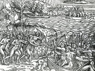 Oorlogsscène, Brazilië, illustratie uit "Singulariteiten van Frankrijk Antarctique", door Andre de Thevet, 1558 door French School