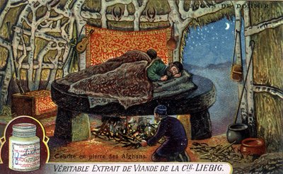 Manieren om te slapen: Afghanen steenlaag. Liebig verpakking chromolithografie door French School
