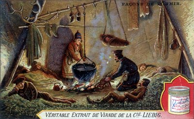Manieren om te slapen: Laplaag op rendierhuiden en schuim. Chromolithografie verpakking Liebig door French School