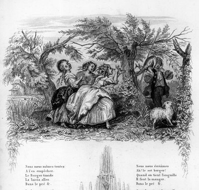 Wij waren drie meisjes. Drie meisjes spelen met een herder en maken hem ongemakkelijk. Gravure in 