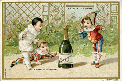Wat een geluk! een fles champagne, promotiekaart voor het Parijse warenhuis Au Bon Marché, c.1895 door French School