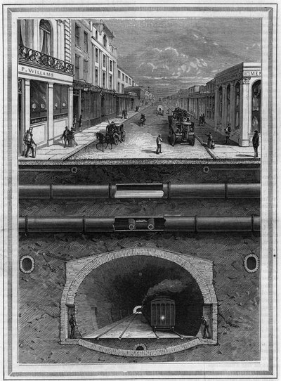 Wat er onder de bestrating van Londen (Groot-Brittannië) ligt: gasleiding, waterleiding, pneumatische buis voor afval, riolen, tunnel en spoorlijn voor stedelijke gebieden. Gravure in 