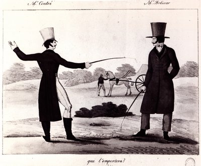 Wie zal winnen? Scène van het duel tussen M. Cintre en M. Bolivar, ca. 1820 door French School