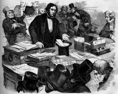 William Ewart Gladstone (1809-1898), Engelse politicus, Kanselier van de Schatkist, presenteert de begroting en handel in het Lagerhuis. Londen, Engeland door French School