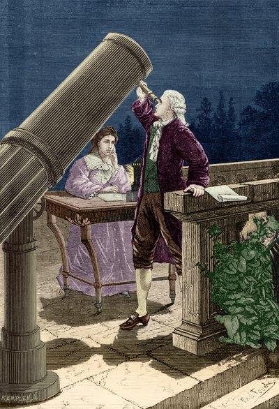 William Herschel (1738-1822) ontdekt de planeet Uranus (gravure) door French School