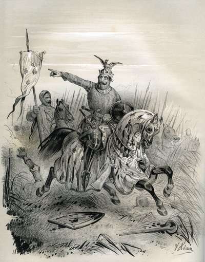 Willem de Veroveraar tijdens de aanval en inname van Mantes in juli 1087, illustratie uit 