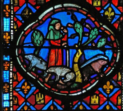 Raam Ew-L met een scène uit het verhaal van de Verloren Zoon: hij zorgt voor varkens en denkt na door French School