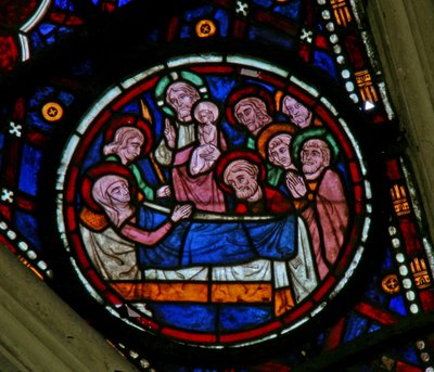 Raam Noord roos met de Dood van de Maagd Maria door French School