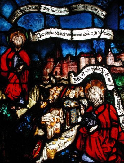 Raam met Christus in de woestijn bediend door engelen door French School