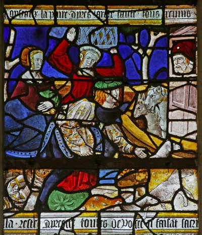 Raam met Noach en de Ark: het laden van de ark (glas-in-lood) door French School