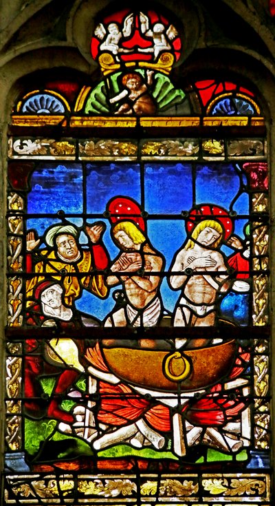 Raam met Sint Crepin en Sint Crepinien: het martelaarschap (glas-in-lood) door French School