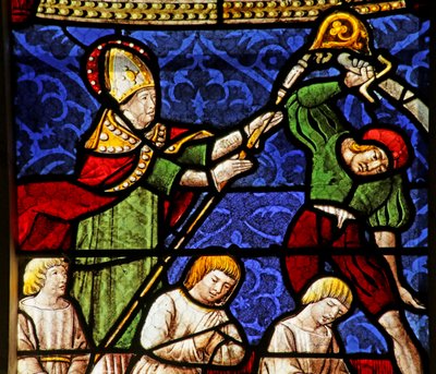Raam met afbeelding van Sint-Nicolaas bij de executie van drie mannen door French School