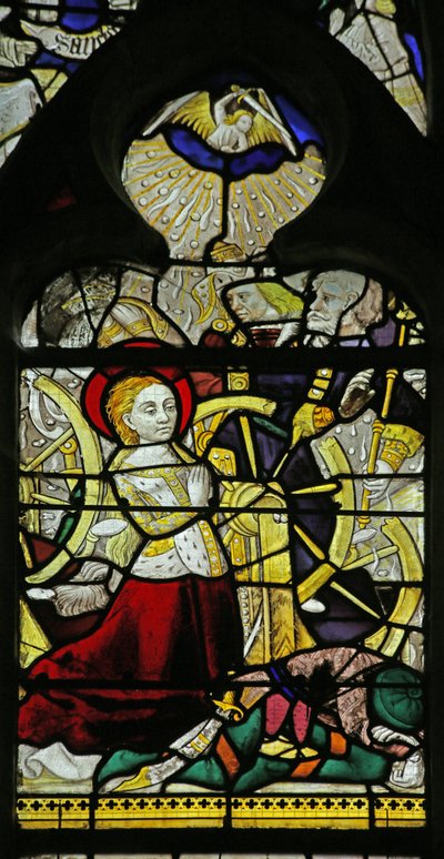 Raam met St. Catharina die bidt en engelen die het wiel breken door stenen te gooien door French School