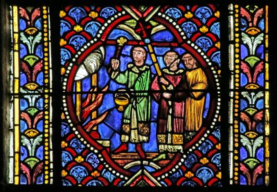 Raam met een scène uit het leven van Sint Artheme: Een brand in de stad Clermont vereist de verplaatsing van de relieken van de heilige. Een processie draagt het reliekschrijn en arriveert bij de brand door French School