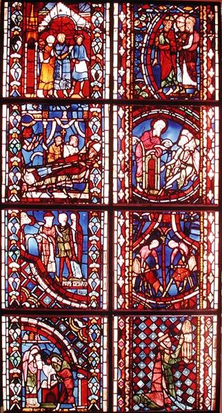 Raam met de Legende van St. Nicolaas, de Dood van St. Martinus, St. Johannes de Doper Predikend in de Woestijn, Besnijdenis van St. Johannes de Doper, Legende van St. Stefanus, Preek van St. Johannes de D door French School