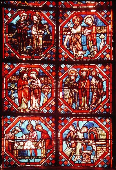 Raam dat de Ouders van Christus en bakkers die brood bakken en verkopen afbeeldt, uit de apsis door French School