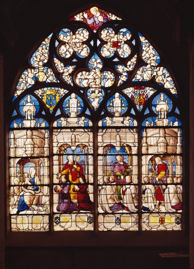 Raam dat de Maagd en het Kind met St. Johannes de Doper uitbeeldt, St. Pieter die Pierre Tullier en zijn vrouw presenteert, St. Johannes die Jehan, Francois en Pierre Tullier presenteert en St. Jacobus die vier presenteert door French School
