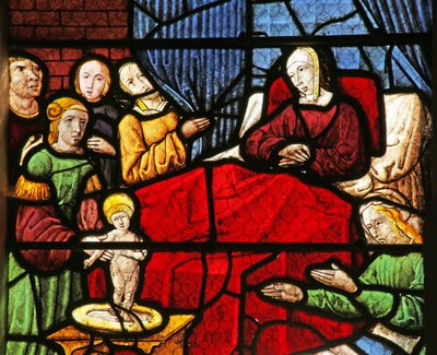Raam met de geboorte van Sint Nicolaas door French School