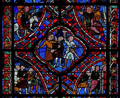 Raam met de vierde sectie van het St. Jacobus raam, w5: een groep pelgrims; een scène uit de legende van de verborgen beker; het martelaarschap van de heilige door French School