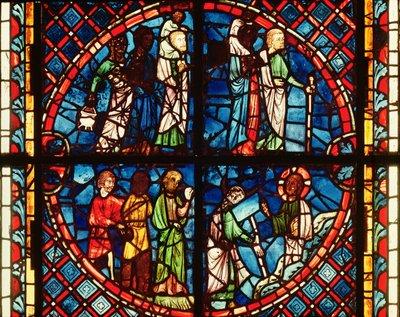 Raam uit de Kapel van de Maagd met de Israëlieten in de woestijn en Mozes op de berg Sinaï, ca. 1240-50 door French School