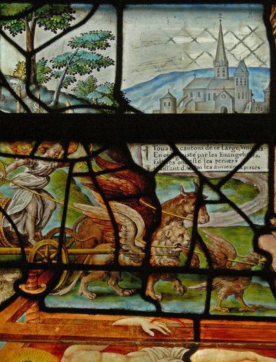 Raam in het Charnier (w.11) met een detail van de Mystieke Wijnpers door French School