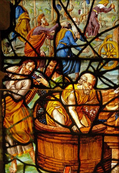 Raam in het Charnier (w.11) met een detail van de Mystieke Wijnpers door French School