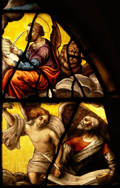 Raam in het Charnier (w.2) met een detail van het Wonder van de Hostie: St. Marcus en St. Matteüs door French School