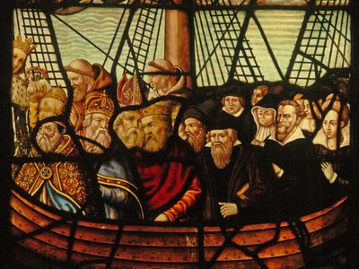 Raam in het Charnier (w.3) met de Ark van de Kerk en Christus met een boot vol gelovigen door French School