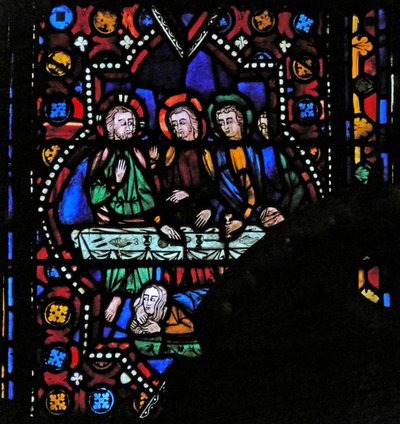 Raam n1 met Maria Magdalena wast de voeten van Christus door French School