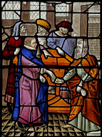 Raam s3 met Judas die de 30 zilverstukken ontvangt door French School