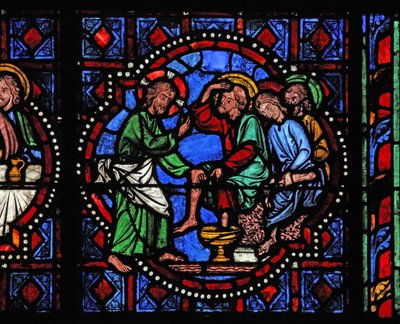 Raam w02 met Christus wast de voeten van zijn discipelen door French School