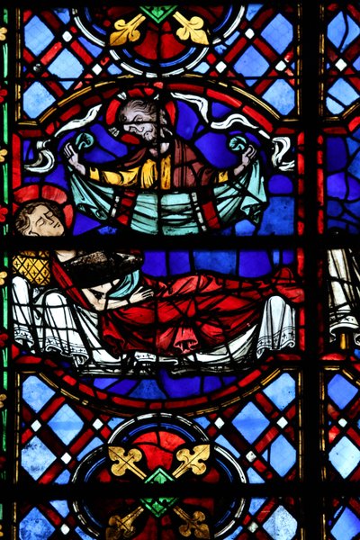 Raam w04 met de Liefdadigheid van St. Martinus: hij verdeelt zijn mantel en deze wordt teruggegeven door Christus door French School