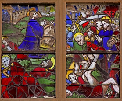 Raam w107 met de Agonie in de Tuin van Getsemane; Verraad van Judas; St. Petrus valt aan door French School