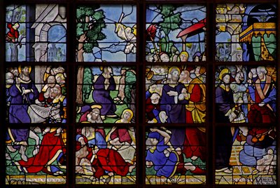 Raam w10 met afbeelding van 4 scènes: de intocht in Jeruzalem, in Gethsemane, het verraad, voor Kajafas door French School
