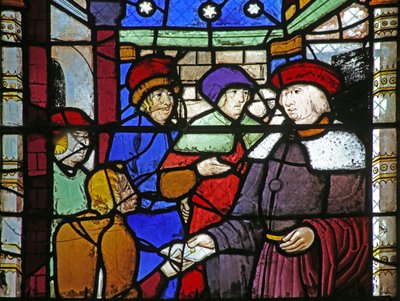Raam w10 met St. Augustinus schrijft een brief waarin hij Bonifatius berispt voor het rebelleren tegen het Romeinse gezag door French School