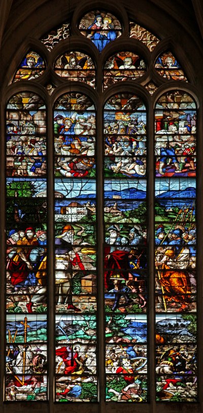Raam w124 met Abraham en Melchisedek; St. Jacob in gevecht met de Moren in Spanje; scènes uit het leven van St. Jacob door French School