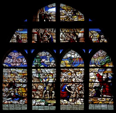 Raam w128 met scènes uit de geschiedenis van Mozes; doortocht door de Rode Zee; verzamelen van manna door French School