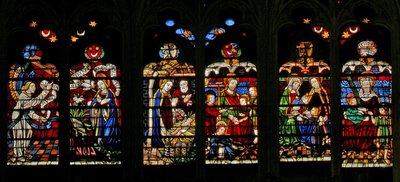 Raam w132 met de Aankondiging, Geboorte: Maria Cleophas met St. Jacobus de Mindere: Maria Salome met St. Johannes: St. Anna met de Maagd als een Drie-eenheid door French School