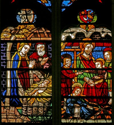 Raam w132 met de Geboorte; Maria Cleophas en kind Apostelen door French School