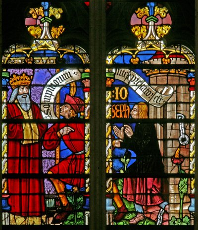 Raam w134 met een scène uit het verhaal van Jozef: de droom van de farao; Jozef interpreteert; de magiërs in de gevangenis door French School