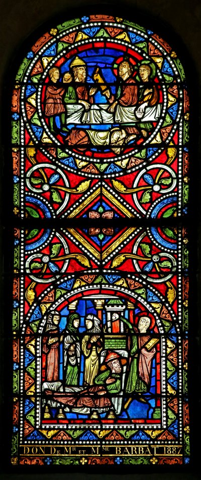 Raam w13 gegeven aan de kerk in de 19e eeuw, deze twee panelen dateren uit het begin van de 13e eeuw en zijn het oudste glas in Chalons door French School