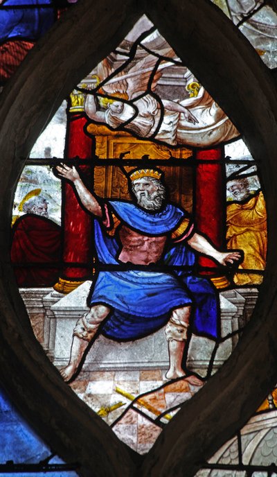 Raam w13 met afbeelding van een scène met St. Petrus; Herodes lastiggevallen door een engel door French School