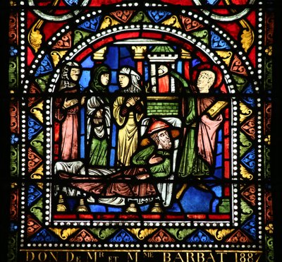 Raam w13 met de Maaltijd bij Simon. Maria Magdalena wast de voeten van Christus door French School
