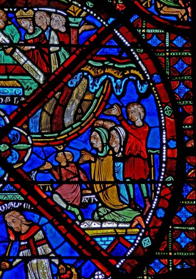 Raam w15 met het verhaal van de relieken van St. Stefanus: bij de herbegrafenis ervaren de mensen wonderbaarlijke genezingen terwijl regen op hen neerdaalt door French School