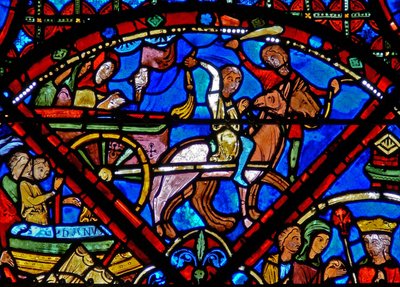 Raam w15 met het verhaal van de relieken van St. Stefanus: transport van de relieken per paard en wagen door French School