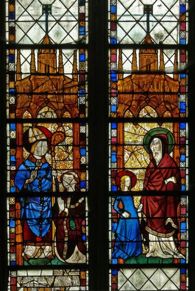 Raam w17 met St. Nicolaas en de schenker Oudin de Troyes; St. Anna en de Maagd Maria door French School